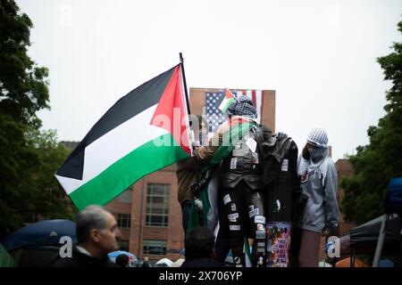 GWU, DC, USA - May 04, 2024: Pro-Palestine Protesters defaced the Statue of George Washington at George Washington University, DC Stock Photo