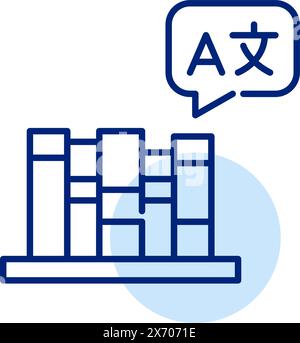 Books on shelf with languages symbol in speech bubble. Learning and translation. Dictionaries or workbooks. Icon  Stock Vector