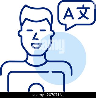 Smiling man at laptop learning languages online. Pixel perfect, editable stroke icon Stock Vector