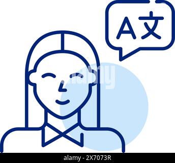 Bilingual person speaking several languages. Woman and translation speech bubble. Pixel perfect, editable stroke icon Stock Vector