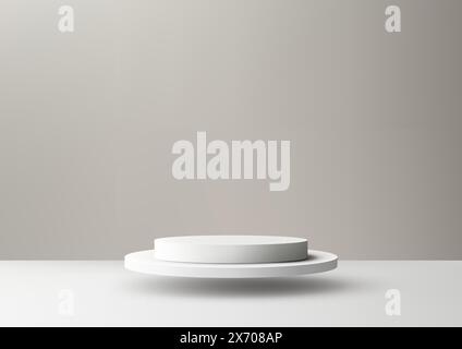 3D white podium rests on a white table and a beige minimalist scene background, Product mockup display. Vector illustration Stock Vector