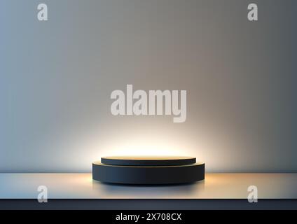 3D blue podium with light shines from a podium on light blue background, modern concept, product display, mockup, showroom, showcase. Vector illustrat Stock Vector