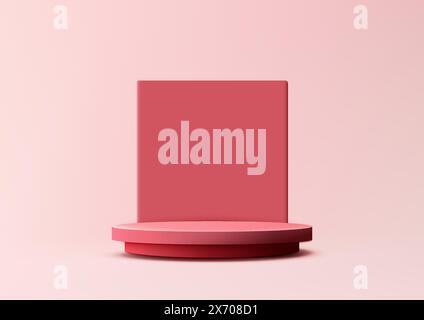 3D red podium with square backdrop on pink background, minimal concept, product display, mockup, showroom, showcase. Vector illustration Stock Vector