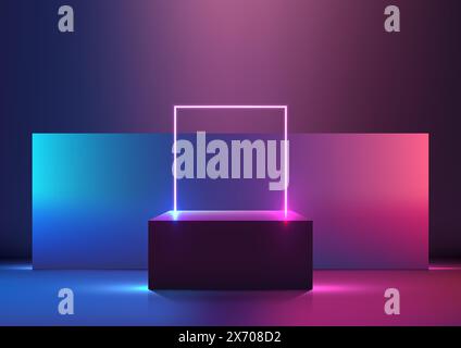 3D podium with square glowing neon and neon colors backdrop on a dark background, technology concept, product display, mockup, showroom, showcase. Vec Stock Vector