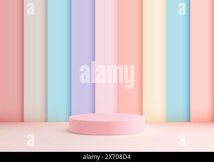 3D simple pink podium stands on rainbow pastel colors stripes pattern wall background, Minimal style, Product mockup display. Vector illustration Stock Vector