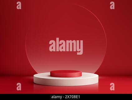 3D realistic mockup display empty white and red podium platform with transparent glass circle backdrop minimal wall scene red background. Use for beau Stock Vector