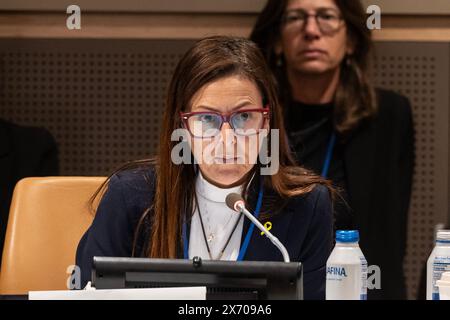 Ayelet Samerano, mother of Yonatan Samerano, whose body was kidnapped by a UNRWA social worker speaks at  arria-formula meeting at UN Headquarters in New York on May 16, 2024 Stock Photo