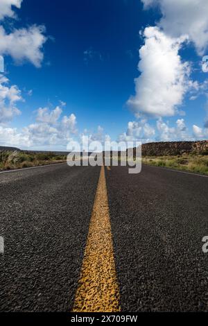 view of an endless straight road running through the barren scenery of the American Southwest on a beautiful hot sunny day Stock Photo