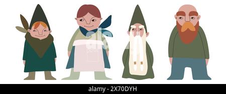 Set of gnomes in green costumes. Family. Vector illustration for packaging, greeting cards and wrapping paper, gifts, posters. Stock Vector