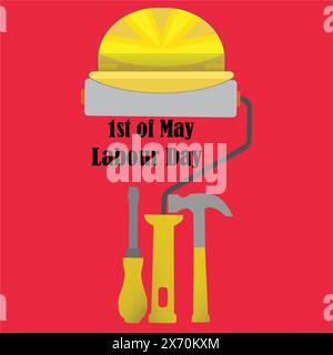 Labour Day concept with different tools and a yellow hard hat Stock Vector