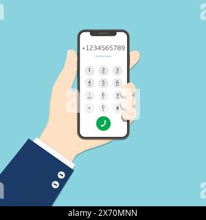 Businessman hold smartphone in hand. Dialing numbers. Vector illustration, flat design. Stock Vector