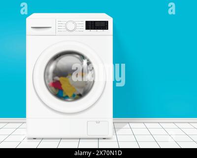Realistic white front loading washing machine with color clothes. Vector illustration. Stock Vector