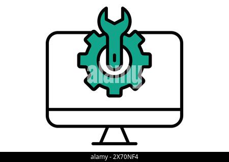 computer setting icon. computer with gear and wrench. icon related to information technology. flat line icon style. technology element vector illustra Stock Vector