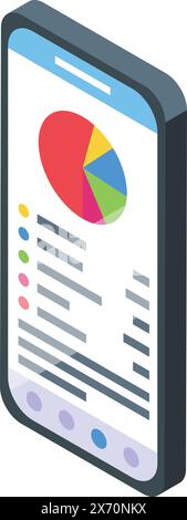 3d isometric illustration of a smartphone displaying a colorful pie chart and data analytics Stock Vector