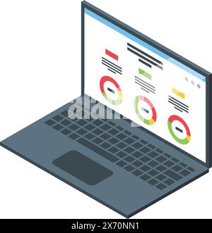 Vector graphic of an isometric laptop displaying colorful analytics charts Stock Vector