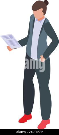Professional businesswoman analyzing corporate report document in her office workplace, wearing red shoes and isometric illustration vector design Stock Vector