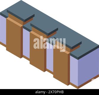 Isometric illustration showcasing a row of contemporary office workstations Stock Vector