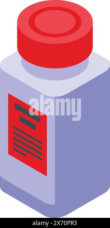 Detailed isometric vector illustration of a redcapped medicine bottle for medication. Healthcare. Pharmacy. And medical concept design with clean. Simple packaging and dosage label Stock Vector