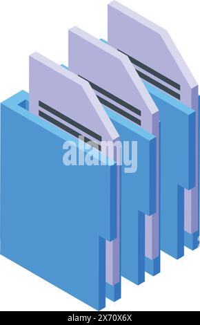 Detailed 3d isometric illustration of blue file folders for organizing and categorizing digital documents in a modern office setting Stock Vector