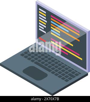 Isometric illustration of an open laptop displaying colorful code lines on the screen Stock Vector