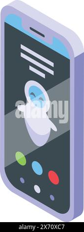 Colorful isometric illustration depicting a mobile phone with a chatbot symbol on its screen Stock Vector
