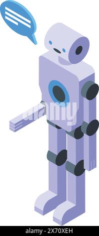 Vector illustration of a cute isometric robot with a chat icon, depicting artificial intelligence communication Stock Vector
