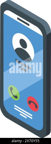 3d isometric illustration of a smartphone displaying an incoming call interface Stock Vector