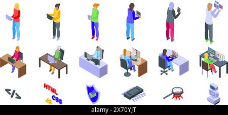 Software programmer girl vector. A series of people working on computers, with one saying HTML. Scene is focused and professional Stock Vector