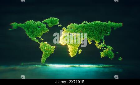 A symbol of the world in the form of continents, composed of lush green translucent leaves that are backlit against a dark blue background. Concept of Stock Photo