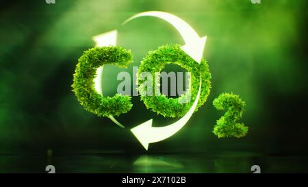 The issue of the impact of carbon dioxide on climate and global warming in the form of a CO2 symbol covered with leaves in a lush green environment. 3 Stock Photo