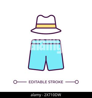 Swim shorts and fedora hat RGB color icon Stock Vector
