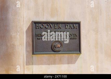 Plaque Mounted on a Wall, Commemorating the Naming of the Hoover Dam in Honor of Herbert Clark Hoover, the 31st President of the United States. Stock Photo