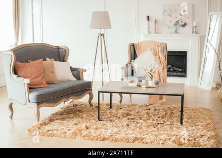luxurious interior of a bright room in Provence style with luxurious furniture - sofa, armchair, lampshade, carpet and fireplace. Stock Photo