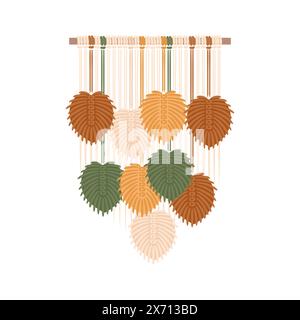Macrame panels, boho. Handmade. Hobbies, interests. Interior design, decor. Wellness, meditation. Vector illustration in flat style. Lace knots leaves Stock Vector
