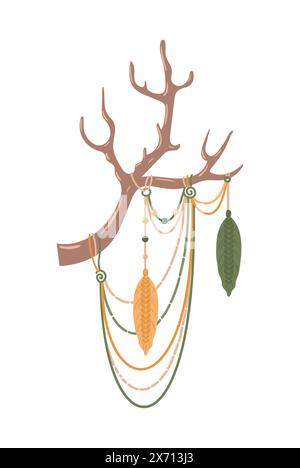 Macrame panels, ethnic decoration in boho style on deer antlers. Handmade. Hobbies, interests. Interior design. Wellness, meditation. magic, witchcraf Stock Vector