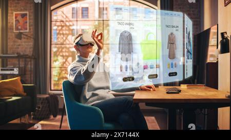 Young Beatiful Women is Using Virtual Reality Headset for Doing an Online Shopping In Stylish Loft Apartment. Casualy Dressed Female is Using Innovative Softwear to Purchase Cloth. 3D Website Concept. Stock Photo