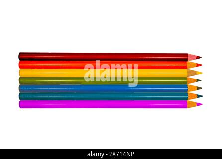 The seven coloured pencils of the rainbow, red, orange, yellow, Green, indigo, violet on a white isolated background Stock Photo