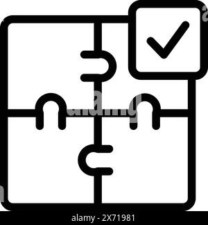 Black and white line art of a completed jigsaw puzzle with a checkmark, symbolizing solution or success Stock Vector