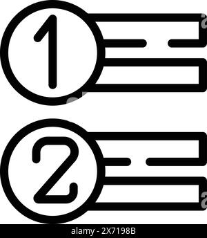 Simple black and white numbered list icon set, depicting 1 and 2 with lines Stock Vector