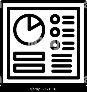 Black and white line art of an icon depicting a business report with pie chart and bullet points Stock Vector