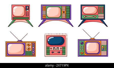 Retro TV set in pop cartoon style. Hand drawn vintage pink collection with screen. Vector illustration isolated on a white background. Stock Vector