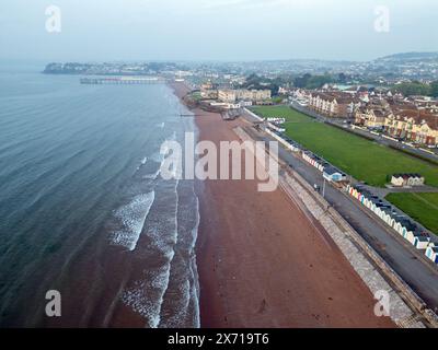 Aerial photograph of Preston Sands Beach and beach huts with Paignton Pier in the background Stock Photo