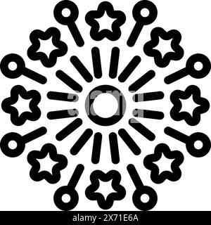 Black and white graphic of a symmetrical circular pattern featuring star shapes and key silhouettes Stock Vector