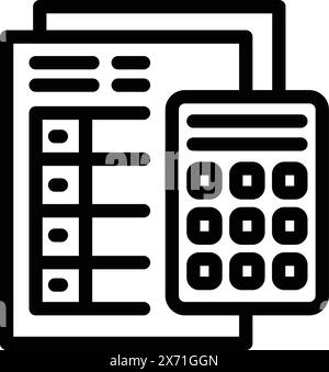 Black outline icon of a document and calculator, symbolizing accounting and financial tasks Stock Vector