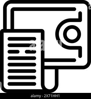 Black and white line icon representing a document attached to a pie chart, ideal for business analytics visuals Stock Vector