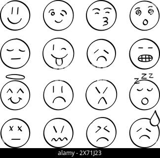 Emojis faces icon in hand drawn style. Doddle emoticons vector illustration on isolated background. Happy and sad face sign business concept. Stock Vector