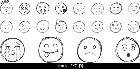 Emojis faces icon in hand drawn style. Doddle emoticons vector illustration on isolated background. Happy and sad face sign business concept. Stock Vector