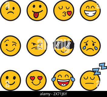 Emojis faces icon in hand drawn style. Doddle emoticons vector illustration on isolated background. Happy and sad face sign business concept. Stock Vector