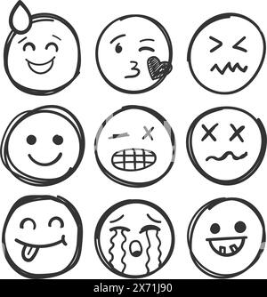 Emojis faces icon in hand drawn style. Doddle emoticons vector illustration on isolated background. Happy and sad face sign business concept. Stock Vector