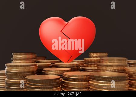 Red broken heart on piles of gold coins in black background. Concept of money and property split in a divorce and online romance scammer Stock Photo